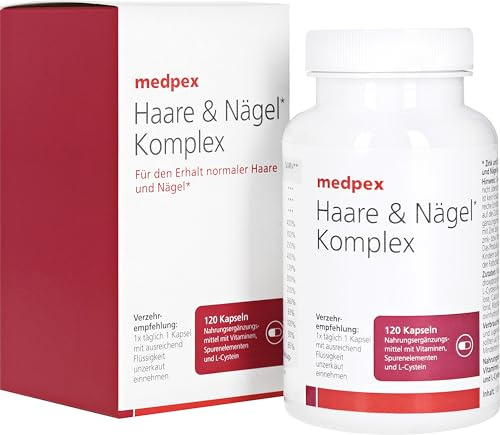 medpex Haare & Nägel Komplex – 120 Kapseln – Mit Biotin, Zink, Selen & Kupfer – Für kräftige Nägel, glänzendes Haar & Bindegewebe - Nahrungsergänzungsmittel