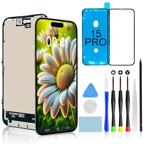 för iPhone 15 Pro skärmbyte, 6,1 tum FHD LCD pekskärmsmontering | COF Digitizer för pekskärm med reparationsverktyg, vattentät självhäftande tätning, härdat glasskydd och installationssats