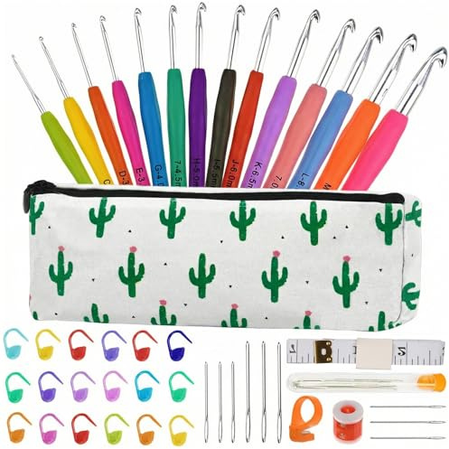 Crochet Hooks Set 14 Sizes Crochet Kit for Beginners Adults Knitting Accessories Tools with Case Aluminum Crochet Needles 2.0mm-10.0mm Ergonomic Grip for Arthritic Hands Gift