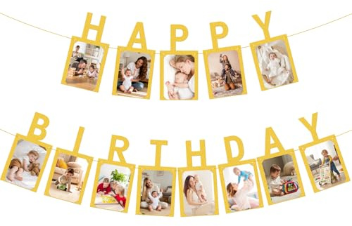 Banderola Fotográfica de Cumpleaños, Marco de Banner Foto Kraft Happy Birthday, Guirnalda Decorativa para Fiestas de Niños y Adultos (Oro)