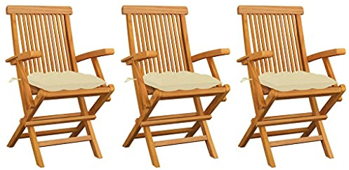 Mimdixy Lot de 3 chaises de jardin, de balcon, de jardin, avec coussins blanc crème, en teck massif, fauteuil de relaxation pour camping, jardin, balcon, peut être assemblé rapidement