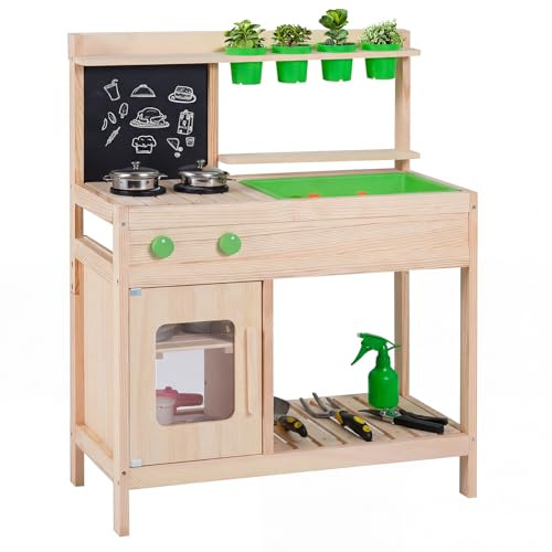 COSTWAY Mud Kitchen, Outdoor Kids Play Kitchen with Chalkboard, Stoves, Sink, Cooking Utensils, Flowerpots, Rotation Knobs & Cabinet, Wooden Chef Pretend Kitchen Playset for Boys Girls Ages 3+