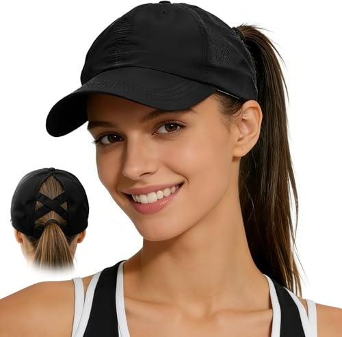 dellyy Cappello da Baseball Donna Estivo, Berretto da Baseball da Donna a Coda di Cavallo con Visiera, Regolabile Traspirante Cappellino da Sole Asciugatura Rapida per Sport All'aperto (Nero)