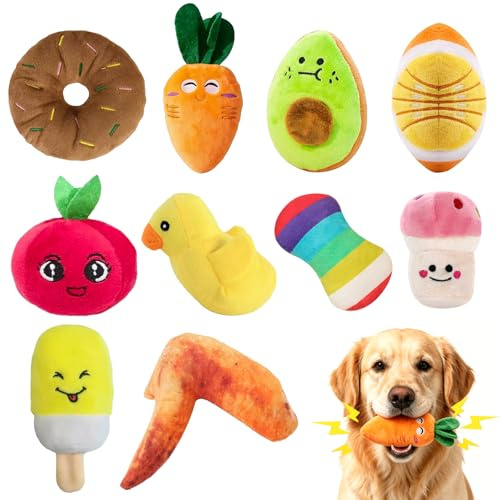 FINEASY 10PCS Jouet Chien Couineur, Pouet Chiot Jouet pour Chien Peluche | Interactifs Jouets pour Chiens Doudou, Fruits Animaux Collations Légumes, Cadeau Chiot Chien Moyen
