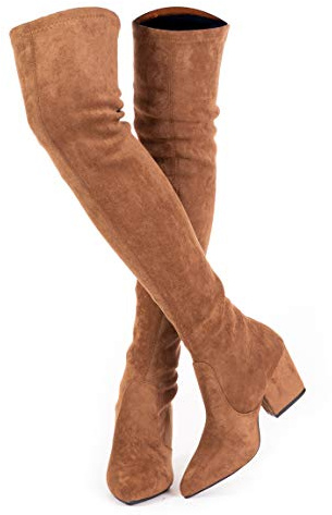 Mtzyoa Cuissardes à talon bloc pour femme - Bout pointu - Extensible au-dessus du genou (42 B (M) US, Taupe)