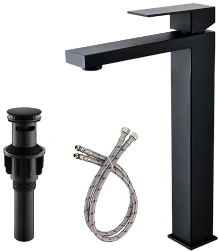 Friho Single Handle Matte Black Tall Bathroom Vessel Sink Faucet, Modern Vanity Basin Mixer Tap Bathroom Sink Faucet with Drain Pop up&Water Hoses, FRDC17914B