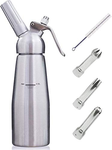 Sifone Professionale per Panna Montata in Alluminio 500 Ml con 3 Ugelli Decorativi (N20 Non Incluso)