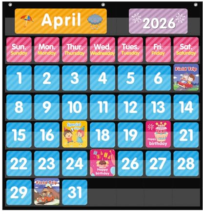 REGELETO Large 44 Pockets Calendar Pocket Chart for Classroom with 85 Cards, Size:25” X 24” Monthly Calendar and Weather Black Pocket Chart for Students Learning for Home or School (44 Pockets)