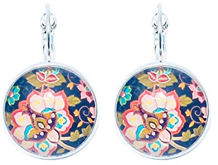 Boucles d'oreilles dormeuse courte, folklore polonais, noir motif fleuri, acier inoxydable argent