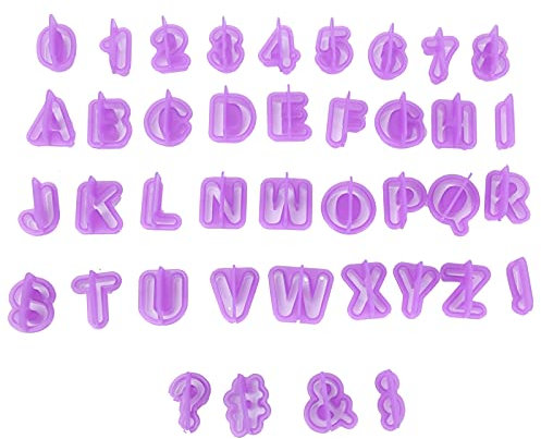 Cortadores de letras de 40 piezas, cortadores de fondant con números morados, cortadores de letras pequeñas, moldes de fondant con números para decoración de pasteles