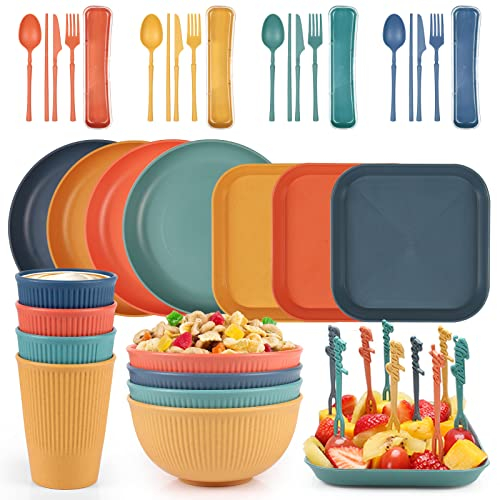 Czemo Camping Geschirr Set 48 Teiliges Geschirrsets aus Kunststoff Camping Geschirr Set 4 Personen Picknickgeschirr, Plastikgeschirr mit Tellerset, Schüssel, Becher, Besteck Set