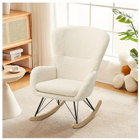 INMOZATA Relax Rocking Chair Comfortable Cashmere Rocker Relaxing Recliner Chair Traditional Arm Rest Lounge Chair with Cashmere Cushion(Beige), W73*D103*H98CM