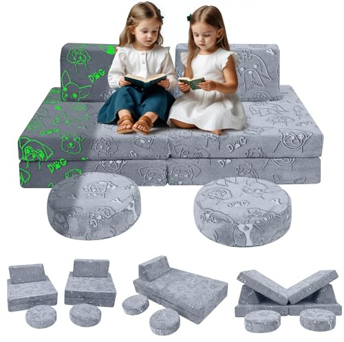 MeMoreCool 8-Piece Kids Play Sofa Bed, Modular Glow Couch | Fold Out Toddler Chair Armchair and Creative Baby Couch, Convertible Sofa Playset For Bedroom Playroom
