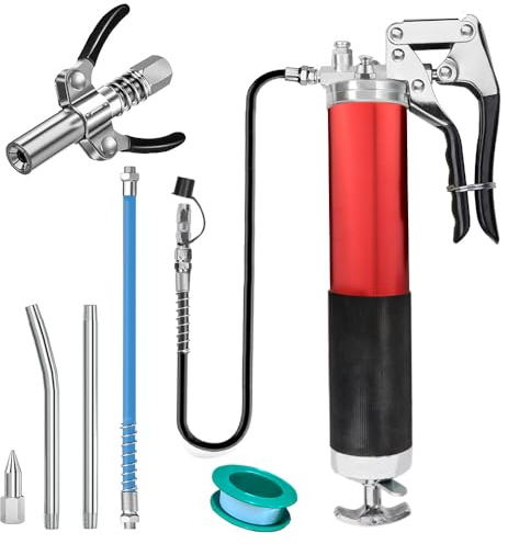Anesty Fettpresse Einhandfettpresse Handfettpresse,Profi 7000PSI Hebelfettpresse Set mit Mundstück G Kupplung & Spitzmundstück,2 Flexschlauch, Düsenrohr usw
