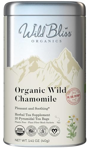 Wild Bliss Organic Chamomile Tea - Caffeine Free Calming Herbal Support - Pharmacopoeia Potency - 20 Plant Based Tea Bags