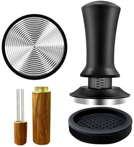 Wenosda Juego de prensador de café de 51 mm, regulador de presión, herramienta para tamper, base de acero inoxidable 304, con ajuste de escala, base acanalada, mango de aluminio