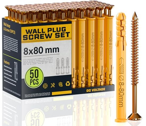DC VOLTAGE 50pcs Wall Plugs and Screws Set 8 x 80 mm Anchor Bolts For Masonry Brick Concrete Heavy Duty Brick Concrete Fixings Plugs Assorted Set