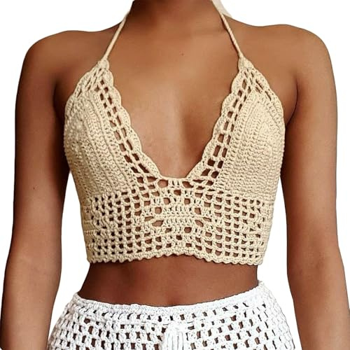 Top all'uncinetto da donna, senza schienale, reggiseno lavorato a maglia, bralette estivo, abbigliamento da spiaggia, Beige, M