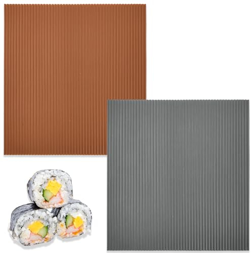 Roucerlin 2 Stück Antihaft-Silikon-Sushi-Rollmatte, wiederverwendbare Sushi-Rollmatte, leicht zu reinigende Sushi-Matte, Tellermatte für Anfänger, hausgemachte Küche, DIY (Grau und Kaffee)