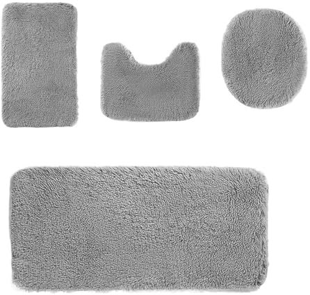 Heavyoff Badematte Set 4 teilig, Waschbar Badezimmerteppich, rutschfeste Badematte Toilettenmatte,Weich Saugfähige Badteppiche und WC Vorleger Duschvorleger, Grau