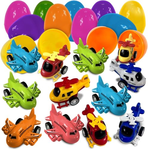 stargo 16 Pack Colorful Prefilled Easter Eggs bulk with toys - mini Aircraft, pull-back Helicopters & Airplanes. Plastic Easter Eggs Filled, Basket Fillers Egg Hunts, Party Favors, Boys Goodie Bags
