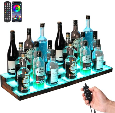 2-Pack 16‘’ LED Lighted Liquor Display, 3-Tier 32Inch Total Bar Shelves for Liquor Bottle, Illuminated Home Bar Shelf with RF & App Control, 7 Colors, Music Sync& 1-4H Timming, Light-Up Whiskey Rack