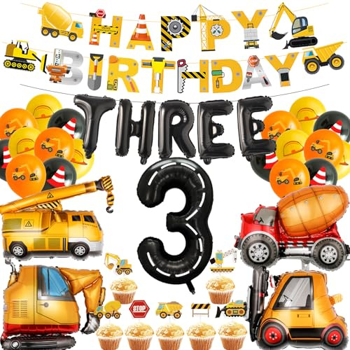 3rd Birthday Decorations Boy Balloons - 36 Pcs Excavator Balloon Banner | Cake Toppers Number Letter 3 Party Supplies Truck Bulldozer Crane Digger Construction For 3 Years Old Boys Birthday Party