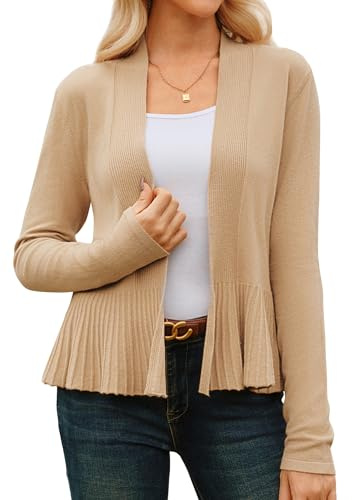 GRACE KARIN Cárdigan ligero de manga larga para mujer con frente abierto Bolero con fruncido Elegante, Color caqui claro., M