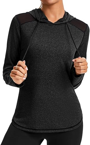 Gyabnw Maglietta Sportiva Donna in Rete sulle Spalle Maniche Lunghe Magliette Sportive con Cappuccio T Shirt Palestra Donna T-Shirt Maglia Top Fitness Yoga Corsa Danza