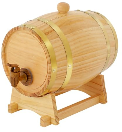 Tonneau à vin en bois de pin 3L avec tiges en acier inoxydable et robinet, fût de fermentation traditionnel pour vin/whisky, support inclus (16 x 23,5 cm), idéal pour les bières et les bars