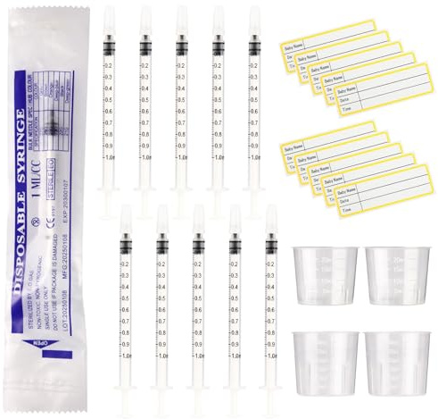 10 stycken 1 ml sprutor med lock utan nål råmjölsspruta, 20 ml 30 ml mätkoppar och 10 klistermärken, för påfyllning och mätning av vätskor, vetenskapslaboratorier, vattning av växter