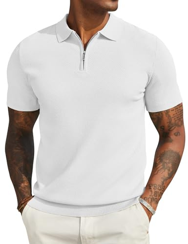 COOFANDY Polo Shirts for Men Adult Zipper Knit Golf Mens Polo Shirts UK Short Sleeve Casual Stretch Men's Polo Shirt Tops White M