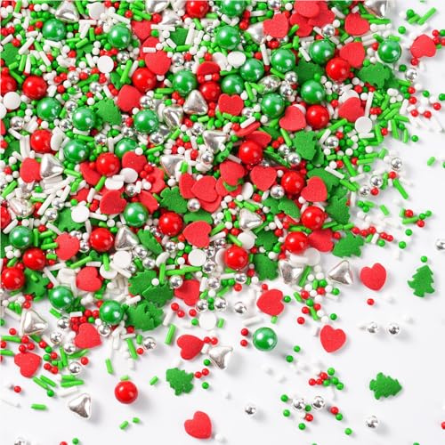 Décors Sucrés Noël 130g - Mélange de Comestibles Rouge Vert Blanc (Sucre Coloré, Vermicelles, Perles, Cœurs, Arbres), Décoration Alimentaire pour Gâteaux, Cupcakes, Biscuits
