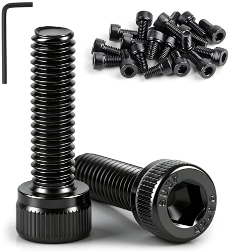qjuwhua Cylindriska skruvar M4 x 20 mm med inre sexkant, svart, rostfritt stål, A2 V2A, DIN 912, hel gänga med nyckel för bilmaskiner och möbelbyggande, 50 st
