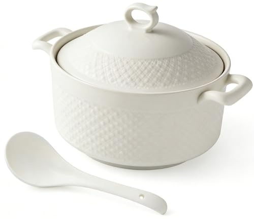 Soppterrin gjord av fint benporslin med lock och slev, stor keramisk serveringsskål (3000 ml) med lock (1800 ml)