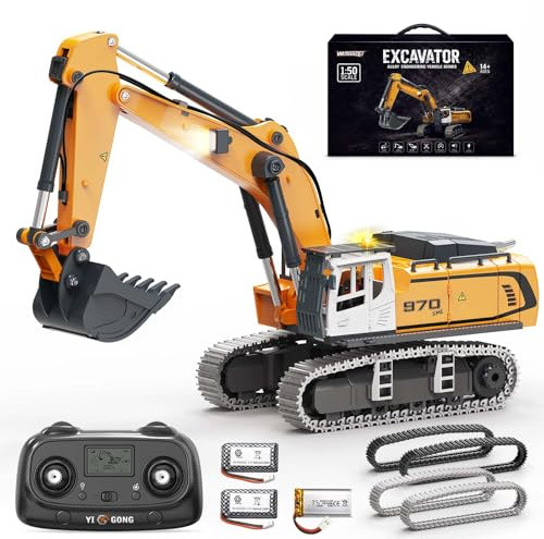 Womaqu Escavatore Radiocomandato Professionale Mini 1:50 per Sabbia e Sabbiera, Escavatore RC Cingolato con Benna in Metallo e Cingoli Metallici, Telecomando LCD 2,4 GHz, Luci e Suoni, 2 Batterie
