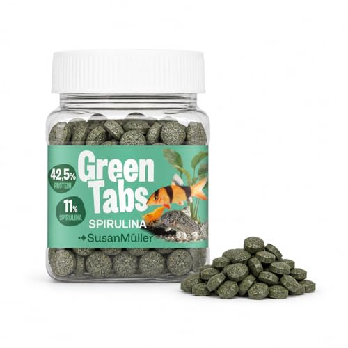 Susan Müller Green Tabs Spirulina 120 g – Alimento en Pastillas de Fondo para Peces de Acuario y Peces Limpiafondos – para Plecos, Ancistrus, Gambas y Caracoles – 11% Espirulina, 42,5% Proteína