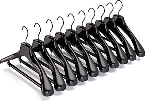 Mainetti Appendini per Capispalla, Cappotti, Abiti Pesanti, Grucce in Plastica, Resistenti, con Barra Porta Pantaloni, Made in Italy, Set di 10 Pezzi, Nero Lucido con Gancio Nero, Taglia 45cm