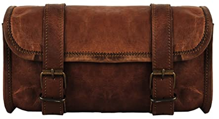 Echtes Ziegenleder Vintage Motorrad 2 Riemen Schnalle Verschluss Werkzeug braune Tasche Schnellverschluss verstärkt für Lenker, Gabeln, Sissy Bar – 25,4 cm Weihnachten Neujahr Geschenkidee