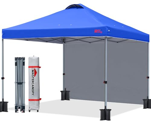 MASTERCANOPY 2 x 2 m Pop-up-Pavillon Faltpavillon Festzelt mit Entlüftung & 1 Seitenwand/Seitenteil für Markt, Garten, Events, Blau