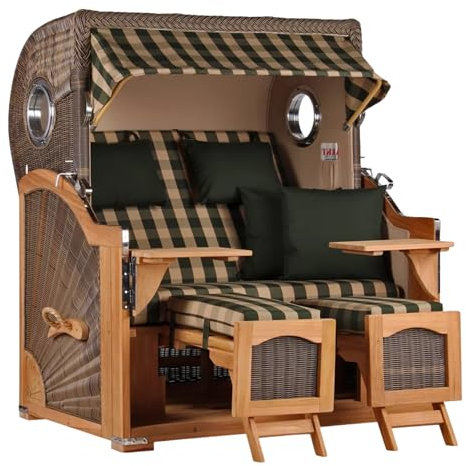 Strandkorb Teakholz Volllieger Strandstuhl Liegestuhl PE Geflecht Grey Düne Grand XL TEAK Dessin 506 Bullauge inkl. 4 Kissen Wechselpolster Strandkörbe aus Teak Garten Wintergarten und Terrassen