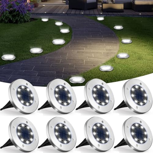 UFOND 8 Pack Solar Ground Lights, Outdoor Waterproof Garden Light Decor, Disk Solar Deck Light, Landscape Lighting for Patio Pathway Yard,Outdoor Lights (Cold White)