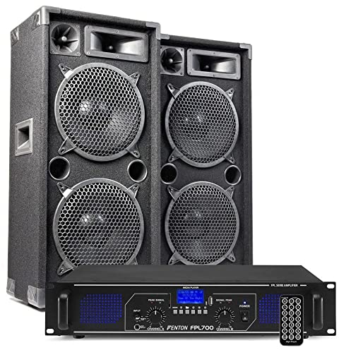 MAX210 PA Anlage Set - 2000W mit Bluetooth Verstärker & 2X 3‑Wege DJ Lautsprecher, FPL700 Bluetooth Verstärker mit USB/SD Player & Fernbedienung, inkl. Kabel - Plug & Play Musikanlage für Party & DJ