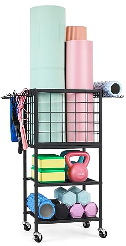 ETELI Yogamatta förvaringsställ hem gym träningsutrustning förvaringsvagn med krokar hjul liten metall viktställ för hantlar, kettlebells, skumrullar, motståndsband, yogablock