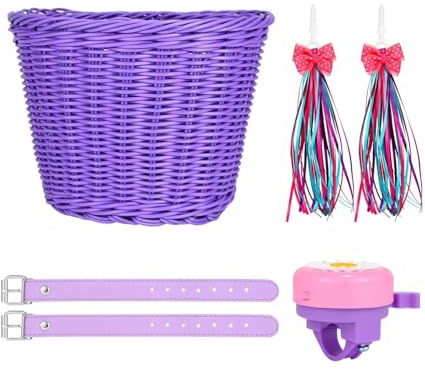 SVNR Bike Basket, Kids Bike Basket Front, Handwoven Bicycle Baskets for Boys and Girls, Children Bicycle Baskets with Spare Leather Straps and Bell, Easy Install and Detachable