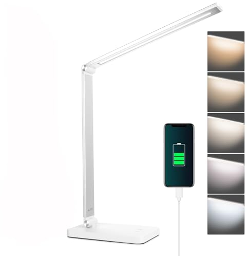 mafiti Schreibtischlampe LED Dimmbar Tischlampe 5 Farb und 3 Helligkeitsstufen, Augenfreundliche Nachttischlampe, USB-Anschluss für Leser, Kinder, Büro-Weiß