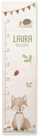 Personalisierte Messlatte für Kinder mit buntem Wunschdruck - 70-140 cm - Größenmesser Kinderzimmer aus Holz - Wand Dekoration Messleiste Kind - Personalisiertes Geschenk Baby (Fuchs)