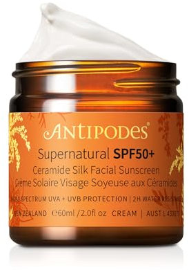 Antipodes Supernatural SPF50+ Ceramide Silk Facial Sunscreen – Natural Zinc Sun Cream UVA & UVB – Mineral SPF50+ for Face with Ceramides – All Skin Types – 60ml