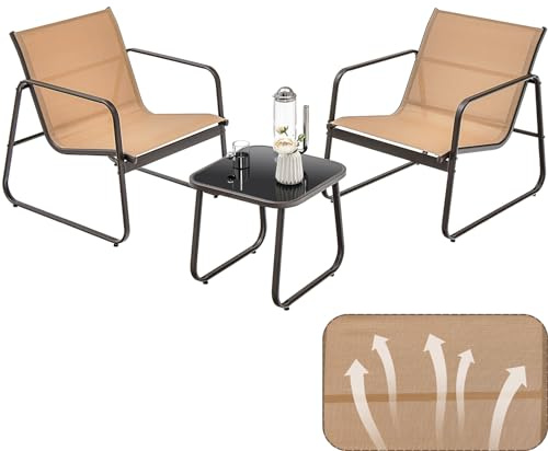 KOMFOTTEU Set da Bistrò in Tessuto Textilene, Set da Giardino in 3 Pezzi, Tavolo Portato 30 kg, 2 Sedie Portate 150 kg, Set Tavolo e Sedie da Esterno, Patio, Cortile, Veranda (Marrone)