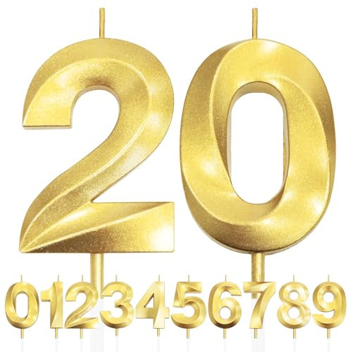 20th Geburtstagskerze, 3D Design Gold Glitter Nummer Kerzen, Cake Topper Dekorationen, Kuchen Kerze für Geburtstagsparty, Hochzeitstag, Baby-Dusche, Party-Dekoration